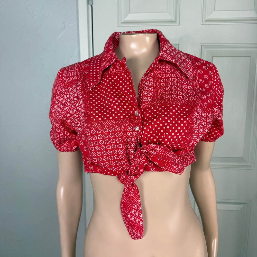 Vintage 70s Handmade Women's Shirt Top Tie Crop Western Floral Cotton Farmer N18
